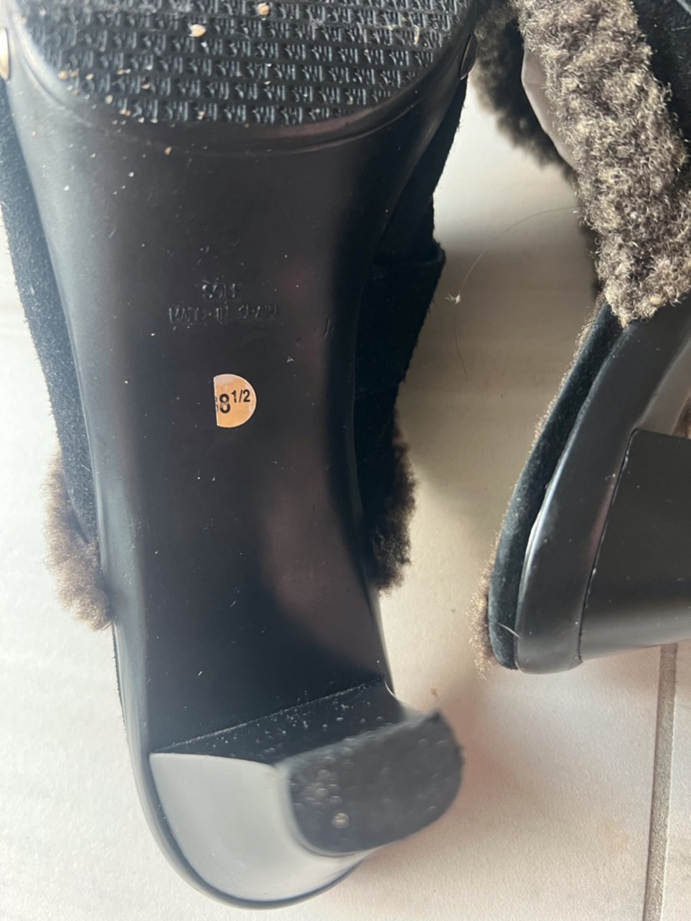 Stuart Weitzman Black Suede Shearling-Trim Slip-On Mules - Picture 5 of 8